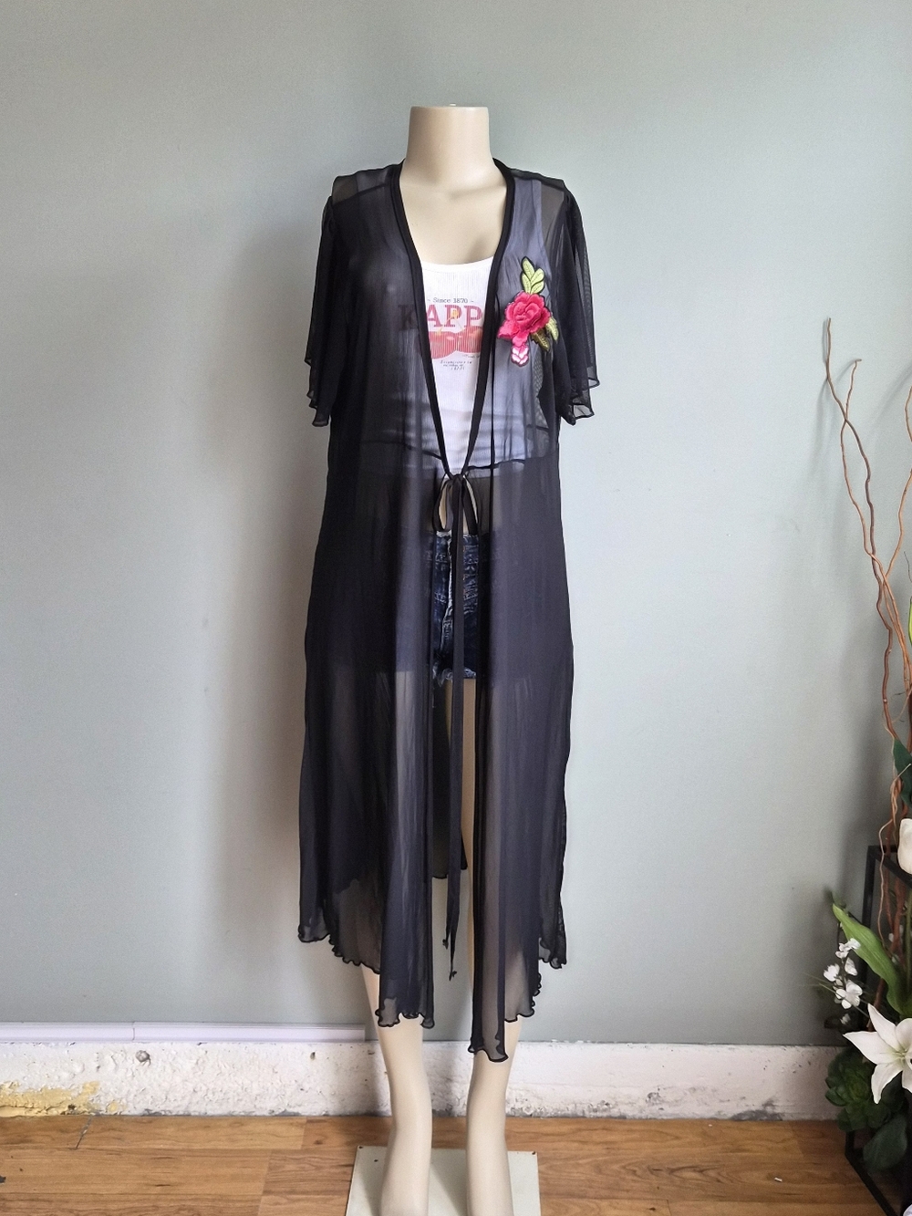 Rouge Collection Sheer Black Floral Kimono Lingerie Size 3XL